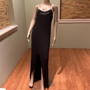 Bebe Crystal Rhinestone Logo Maxi Tank Dress Split At Front Size L